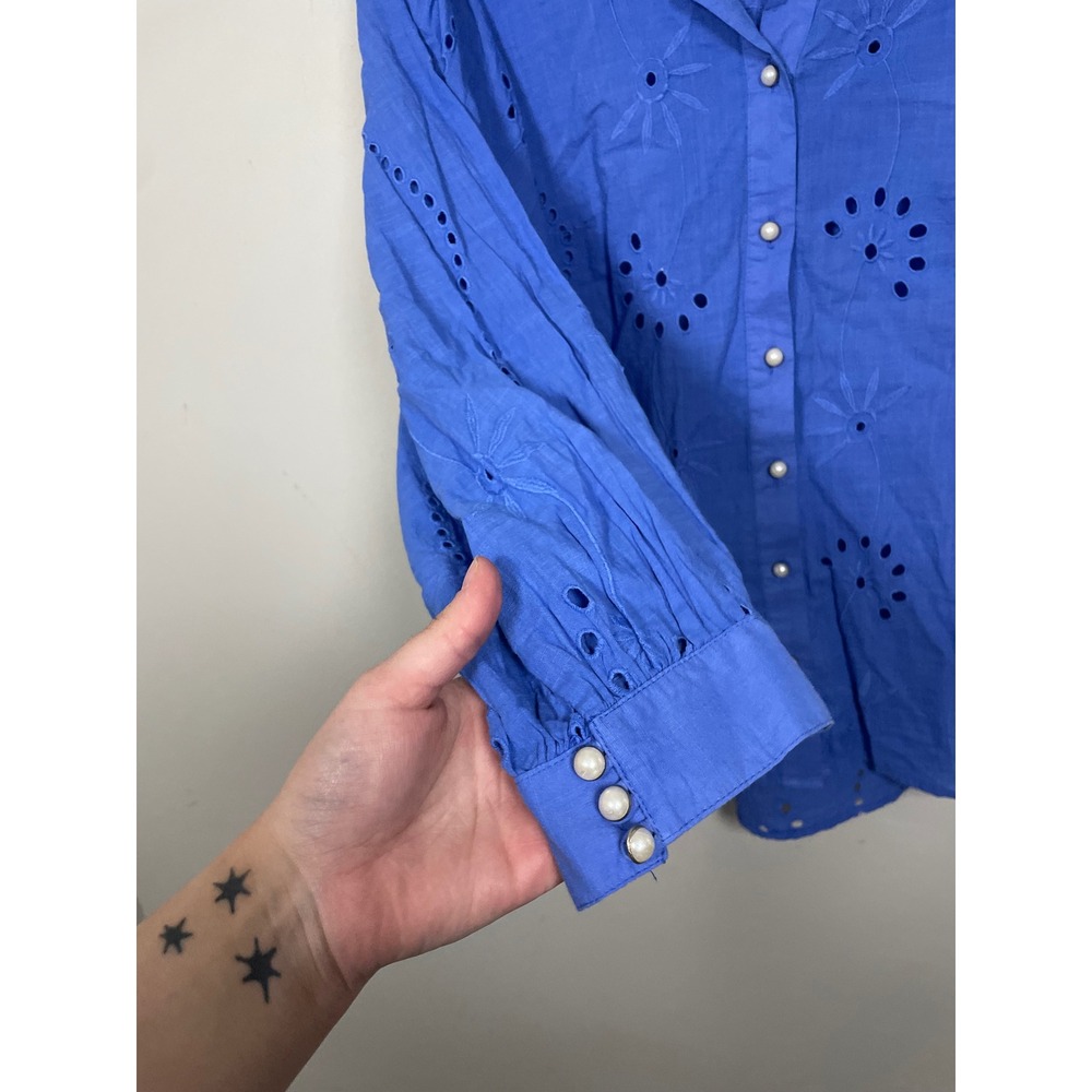 Anthropologie Forever That Girl Blue Puff Sleeve Cotton Eyelet Button Down - Picture 6 of 10